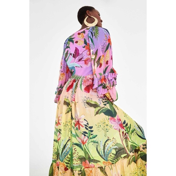 Farm Rio Dress Amazonian Ombre Maxi Animal Ruffled Rainbow Tropical Multi S GUC - Picture 15 of 15